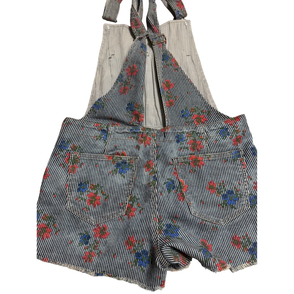Free People Floral Hickory Stripe Denim Shortalls Blue White Pinstripe Size 8 - Picture 4 of 4